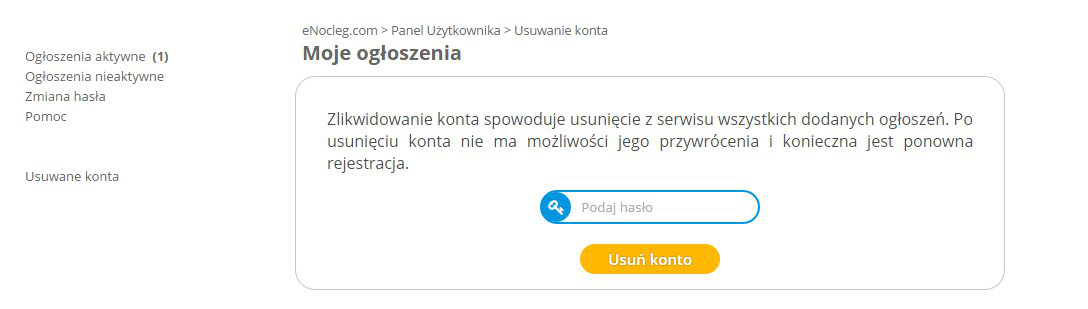 Panel klienta - usuwane konta